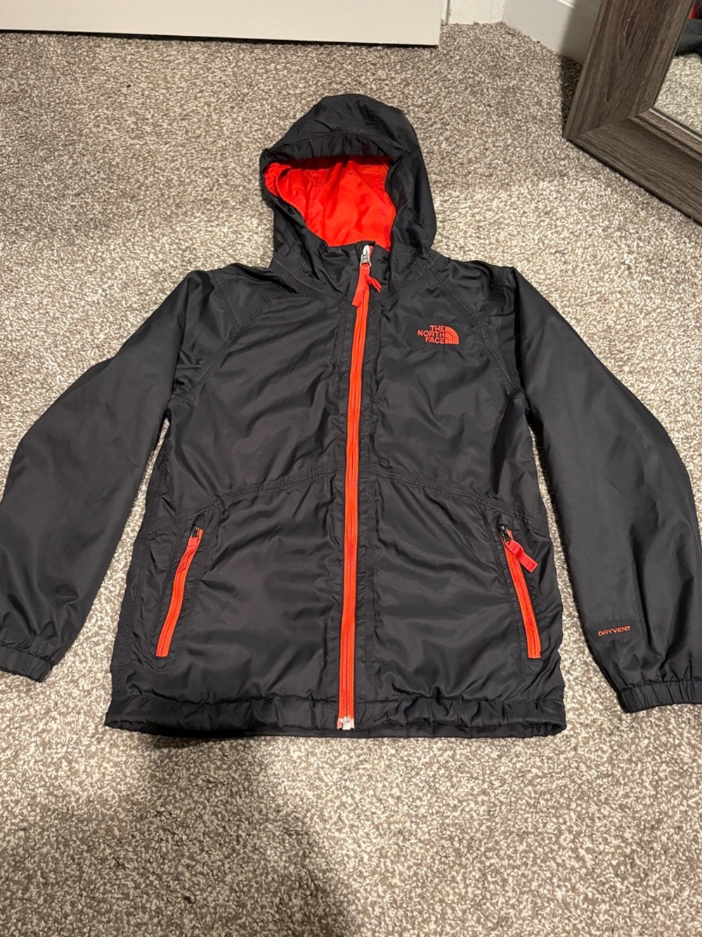 The North Face Black Hooded Kids Rain Jacket with Red Accents